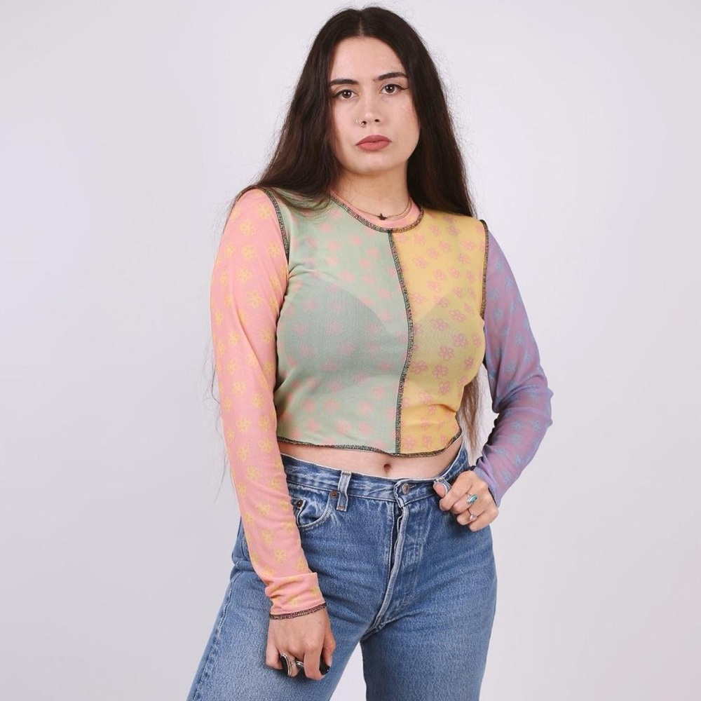 ragged priest colorblock sheer mesh top